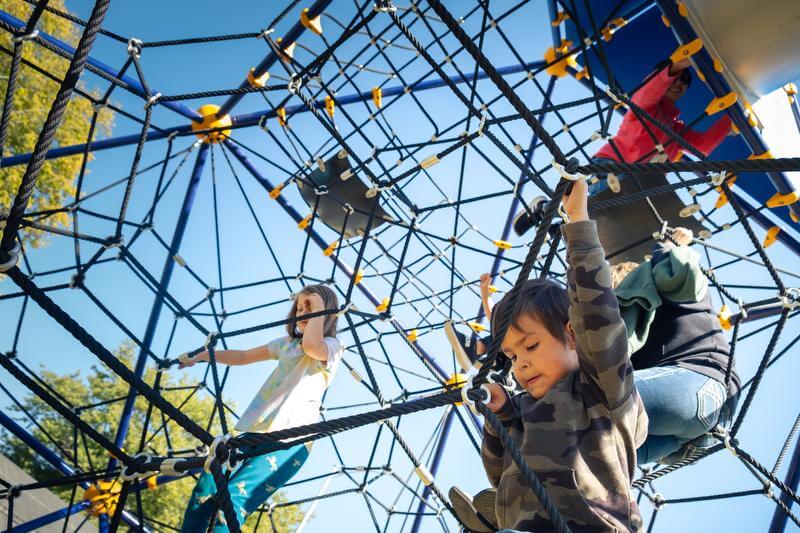 Multiple kids climbing a rope structure